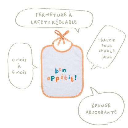 5 bavoirs naissance Bon appétit - Bavoir bébé à lacets 20x25 cm