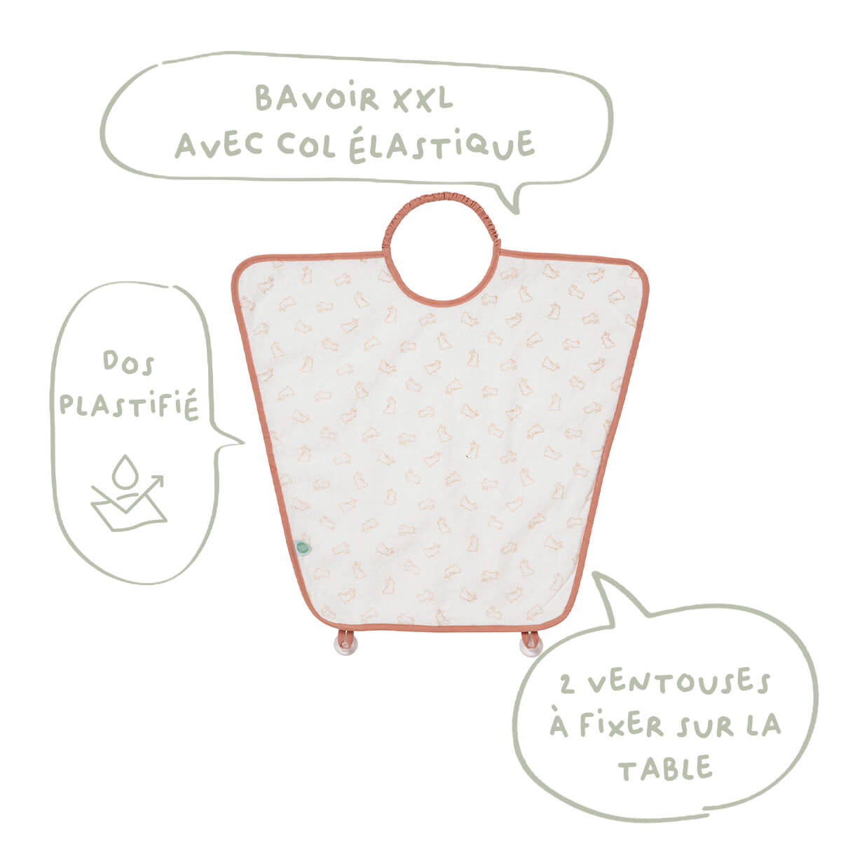 Bavoir maternelle 24 mois Greenland Lapins - Bavoir élastique à ventouses 45x40 cm