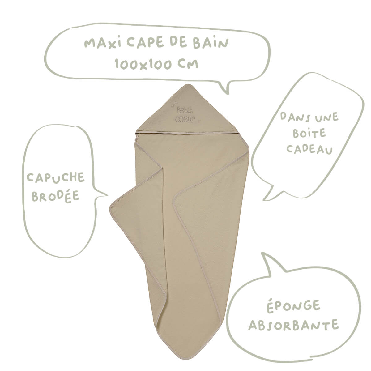 Cape de bain 100x100 cm Petit Cœur - Sortie de bain bébé XL