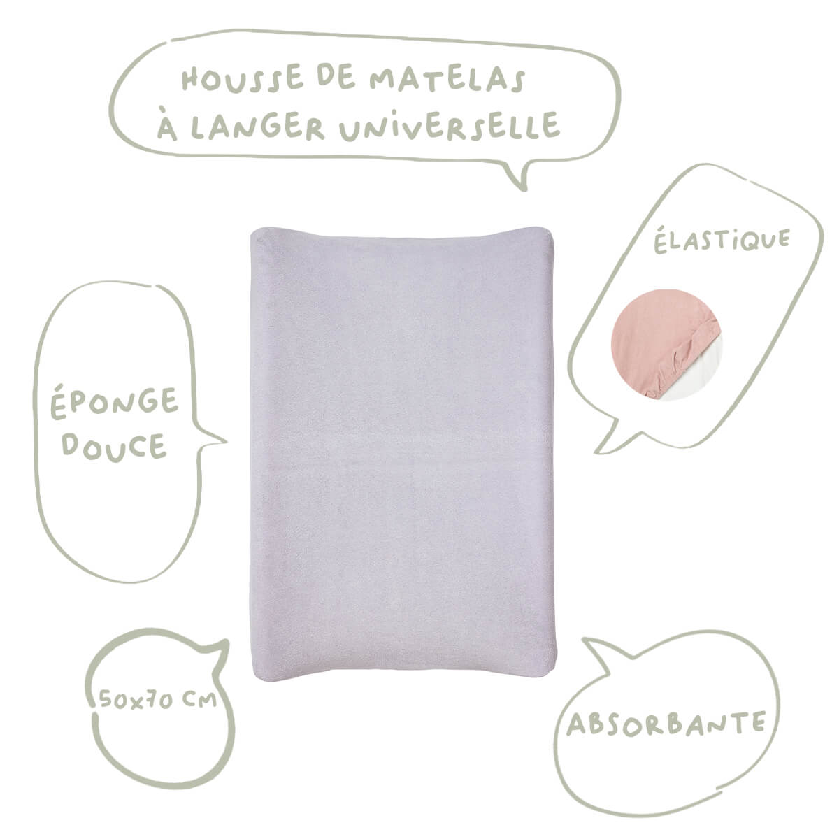 Housse pour matelas à langer Lilas en éponge - Housse matelas à langer 50x70 cm