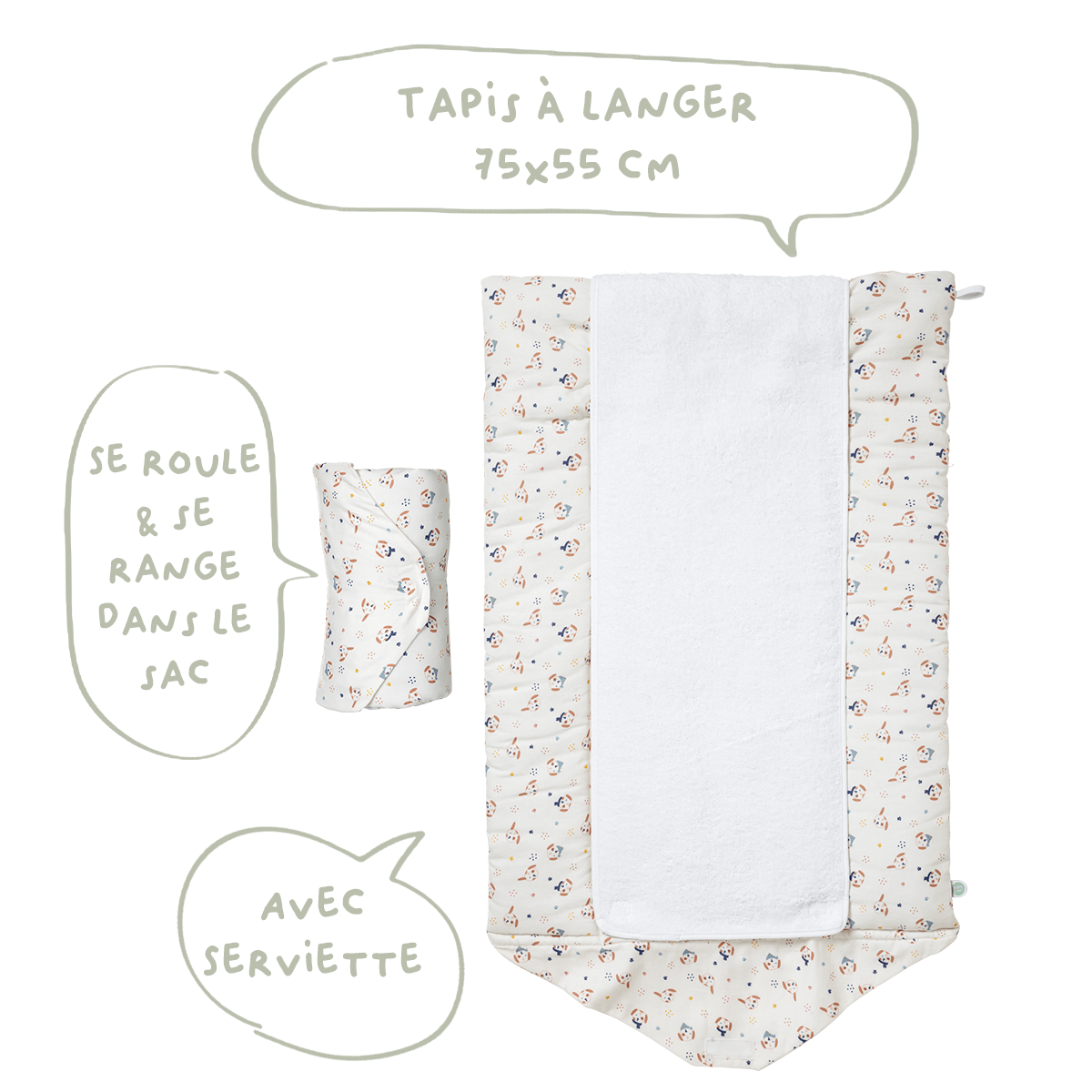 Tapis langer nomade Toutou - Matelas à langer nomade roulé 75x55 cm