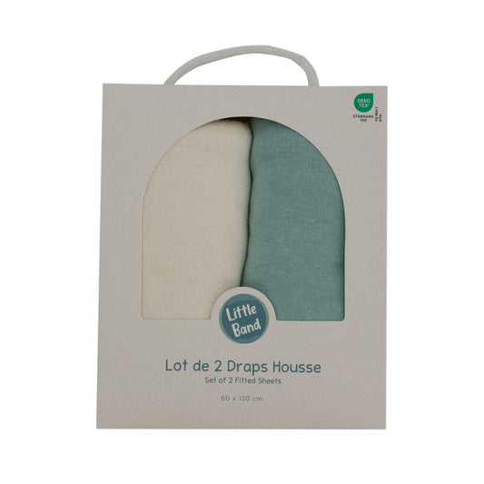 Drap-housse 70x140 cm - Lot de 2 - En Coton Écru/Bleu/Vert