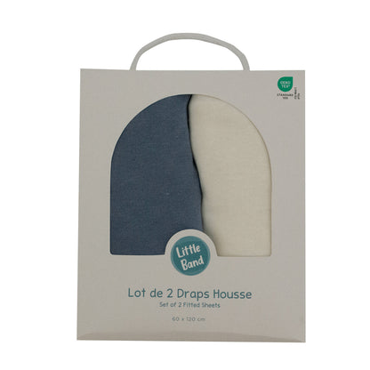 Drap-housse 60x120 cm - Lot de 2 - Coton Écru/Bleu Orage