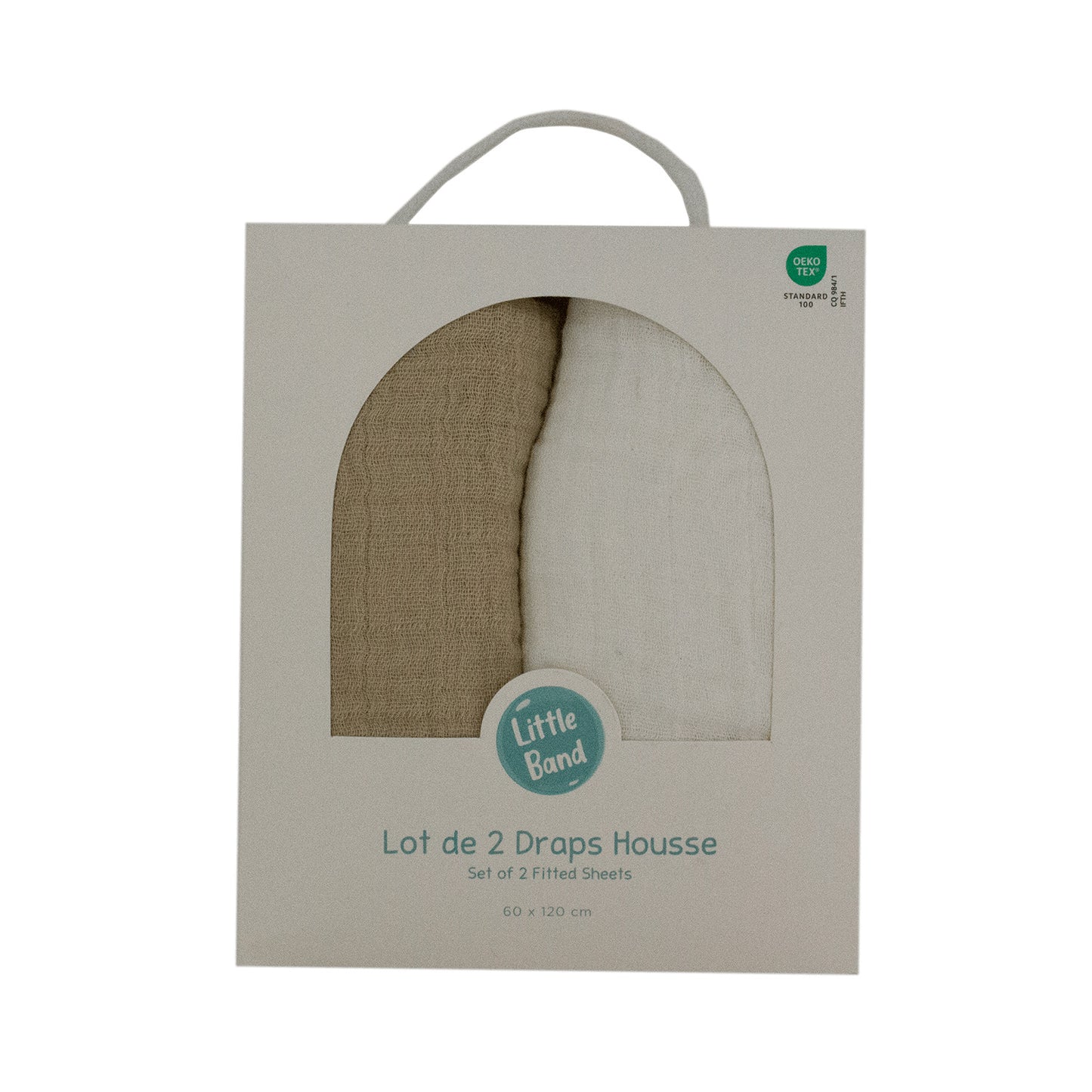 Drap housse 70x140 cm - Lot de 2 - Blanc / Taupe - draps housse bébé en Gaze de coton