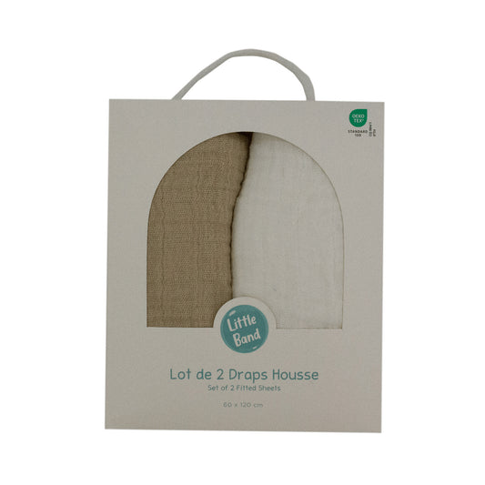 Drap housse 60x120 cm - Lot de 2 - Blanc / Taupe - draps housse bébé en Gaze de coton