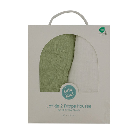 Drap housse 70x140 cm - Lot de 2 - Blanc / Tilleul - draps housse bébé en Gaze de coton