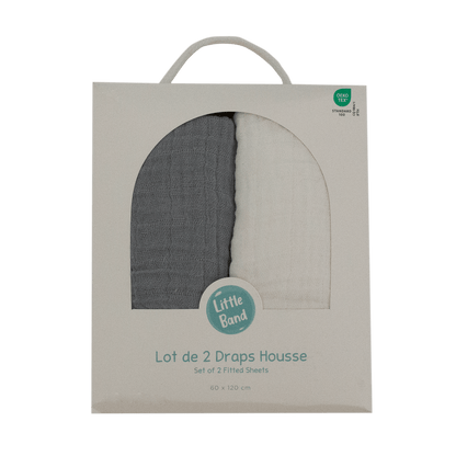Drap-housse 60x120 cm - Lot de 2 - Blanc / Gris - draps housse bébé en Gaze de coton