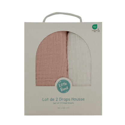 Drap housse 70x140 cm - Lot de 2 - Blanc / Pivoine - draps housse bébé en Gaze de coton