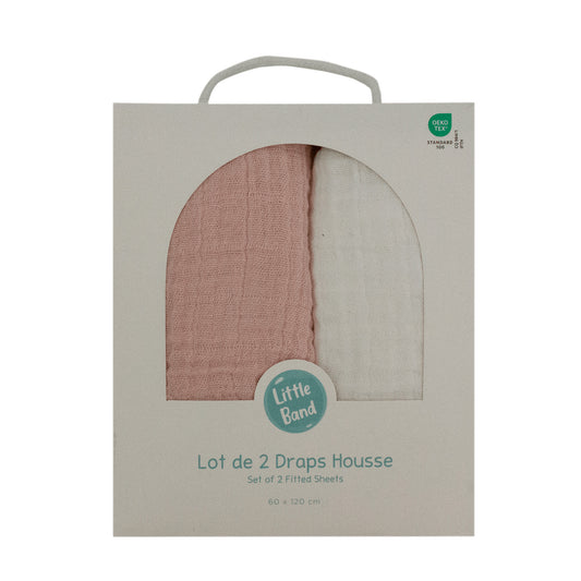 Drap housse 60x120 cm - Lot de 2 - Blanc / Pivoine - draps housse bébé en Gaze de coton